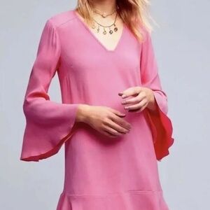 ANTHROPOLOGIE HD in Paris Carissa Bell Sleeve Pink Swing Shift Dress Size 8